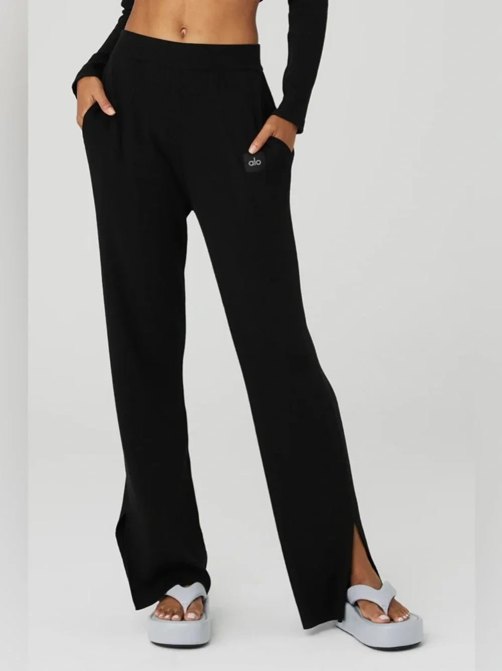 ALO Yoga Ribbed High-Rise Black Wide-Leg Pants with Side Slit